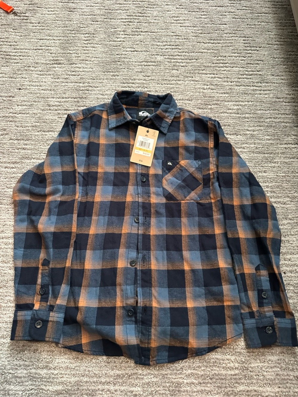 Quicksilver Boy’s Navy and Tan Plaid Button-Down Shirt